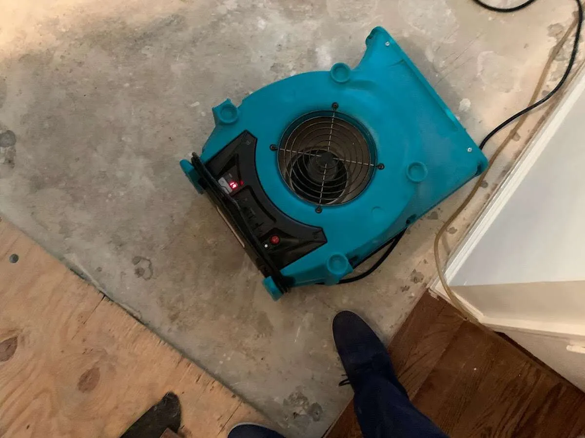 Air mover drying subfloor during Commercial Water Damage Restoration in Bethel Park
